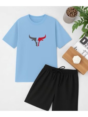 Punix Punıx Büyük Beden Boğa Baskılı Rahat Kalıp Erkek Şort T-Shırt Battal Alt Üst Takım