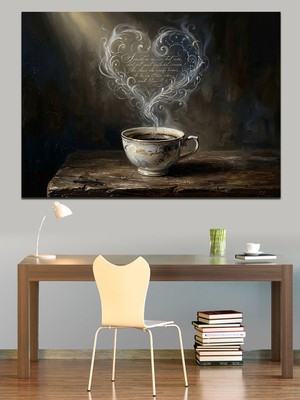 Artmeg Kahve Fincanından Çıkan Buhar Kalp Dekoratif Kanvas - Mdf Ahşap Tablo