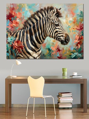 Artmeg Çiçeklerle Süslü Modern Zebra Portresi Dekoratif Kanvas - Mdf Ahşap Tablo