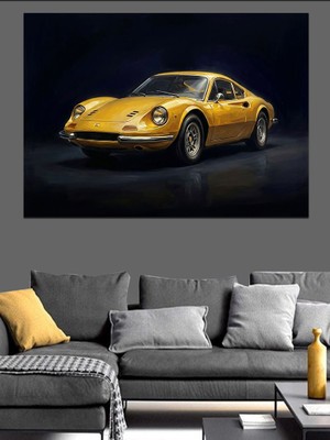 Artmeg Siyah Zemin Üzerinde Sarı Spor Araba Dekoratif Kanvas - Mdf Ahşap Tablo