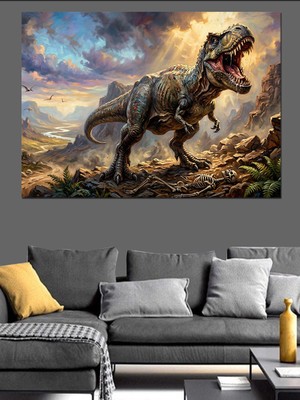 Artmeg Vahşi Doğada Kükreyen Dinozor T-Rex Dekoratif Kanvas - Mdf Ahşap Tablo