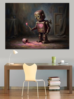 Artmeg Elinde Pembe Çiçek Tutan Robot Dekoratif Kanvas - Mdf Ahşap Tablo