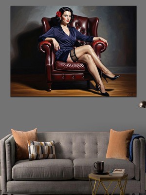 Tablomega Koltukta Oturan Şık ve Modern Kadın Dekoratif Kanvas - Mdf Ahşap Tablo