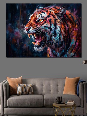 Tablomega Renk Sıçramalı Kükreyen Kaplan Portresi Dekoratif Kanvas - Mdf Ahşap Tablo