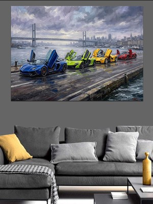 Artmeg Köprü Üstünde Renkli Spor Arabalar Dekoratif Kanvas - Mdf Ahşap Tablo