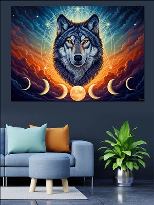 Tablomega Ay Evreleri ve Uluyan Kurt Dekoratif Kanvas - Mdf Ahşap Tablo