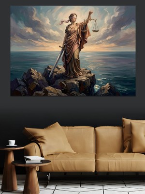 Artmeg Deniz Kenarında Adalet Tanrıçası Heykeli Dekoratif Kanvas - Mdf Ahşap Tablo