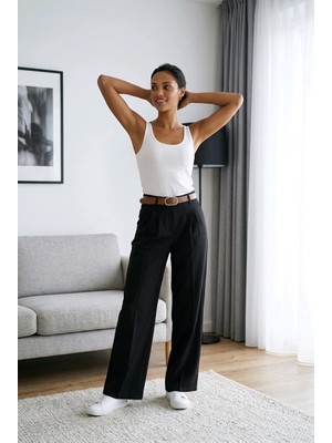 Hies Kadın Palazzo Double Kırışmaz Kumaş Yeni Sezon Kemerli Pantolon