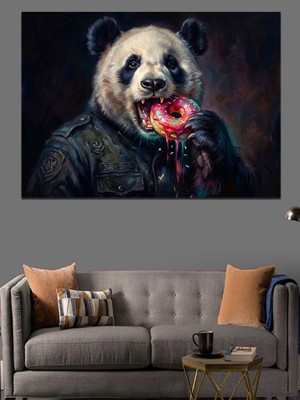 Tablomega Kırmızı Donut Yiyen Panda Portresi Dekoratif Kanvas - Mdf Ahşap Tablo