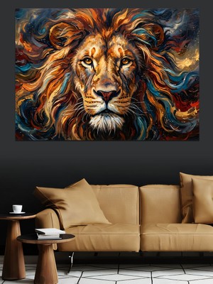 Artmeg Rengarenk Yeleli Kükreyen Aslan Başı Dekoratif Kanvas - Mdf Ahşap Tablo