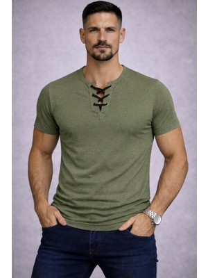 By Bülent Bybülent Özel Üretim Haki Yeşil Ipli Yaka Geniş Yaka Bisiklet Yaka Tişört Tshirt