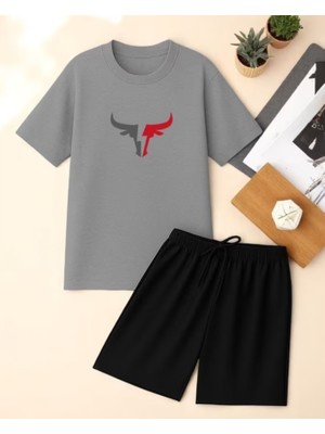Punix Punıx Büyük Beden Boğa Baskılı Rahat Kalıp Erkek Şort T-Shırt Battal Alt Üst Takım