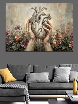 Artmeg Güller Arasında Gerçekçi Kalp Illüstrasyonu Dekoratif Kanvas - Mdf Ahşap Tablo