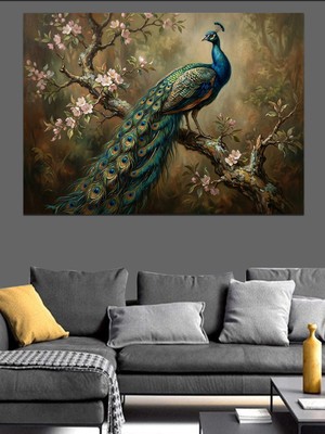 Artmeg Dalda Oturan Görkemli Erkek Tavuskuşu Dekoratif Kanvas - Mdf Ahşap Tablo