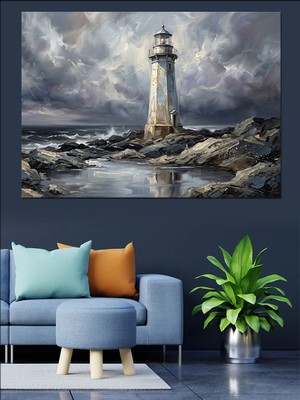 Tablomega Kayalıklar Üzerinde Yalnız Deniz Feneri Dekoratif Kanvas - Mdf Ahşap Tablo