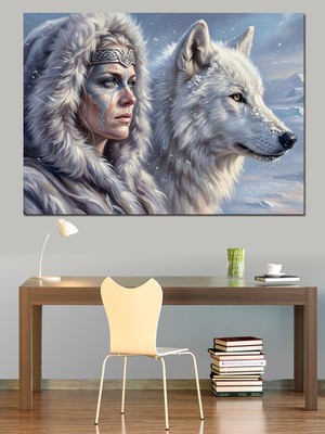 Artmeg Buzlar Kraliçesi ve Beyaz Kurt Dekoratif Kanvas - Mdf Ahşap Tablo