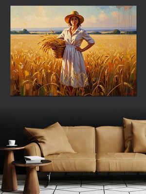 Tablomega Ekin Tarlasında Hasat Yapan Kadın Dekoratif Kanvas - Mdf Ahşap Tablo