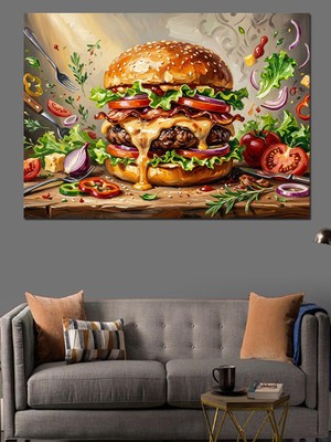 Artmeg Sosları Akan Lezzetli Büyük Hamburger Dekoratif Kanvas - Mdf Ahşap Tablo