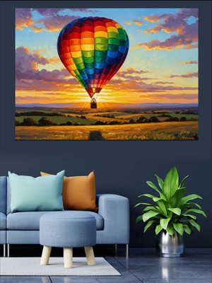 Artmeg Gün Batımında Uçan Gökkuşağı Balonu Dekoratif Kanvas - Mdf Ahşap Tablo
