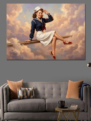 Artmeg Bulutlar Üstünde Oturan Denizci Kadın Dekoratif Kanvas - Mdf Ahşap Tablo