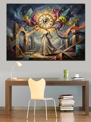 Tablomega Saat Çarklı Sürreal Kadın Figürü Dekoratif Kanvas - Mdf Ahşap Tablo