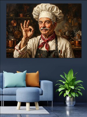 Tablomega El Işareti Yapan Neşeli Şef Dekoratif Kanvas - Mdf Ahşap Tablo