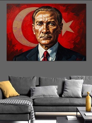 Artmeg Türk Bayrağı Önünde Atatürk Portresi Dekoratif Kanvas - Mdf Ahşap Tablo