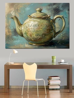 Tablomega Antik Yazılı Yeşil Çay Demliği Dekoratif Kanvas - Mdf Ahşap Tablo