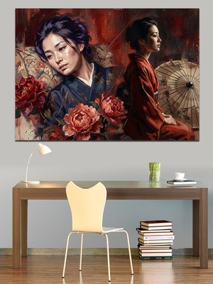 Tablomega Geleneksel Kıyafetli Iki Japon Kadını Dekoratif Kanvas - Mdf Ahşap Tablo