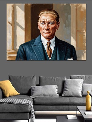 Artmeg Mavi Takım Elbiseli Atatürk Portresi Dekoratif Kanvas - Mdf Ahşap Tablo