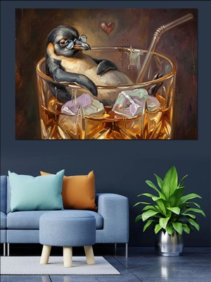 Artmeg Viski Bardağı Içinde Keyifli Penguen Dekoratif Kanvas - Mdf Ahşap Tablo