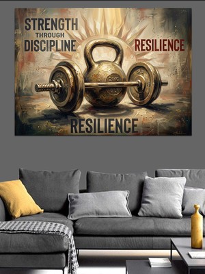 Artmeg Strength Discipline Resilience Spor Yazısı Dekoratif Kanvas - Mdf Ahşap Tablo