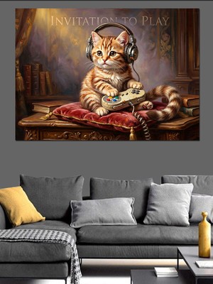 Tablomega Kulaklıklı ve Oyun Oynayan Kedi Dekoratif Kanvas - Mdf Ahşap Tablo