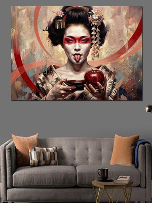 Artmeg Kırmızı Kurdeleli Geyşa Tarzı Kadın Dekoratif Kanvas - Mdf Ahşap Tablo