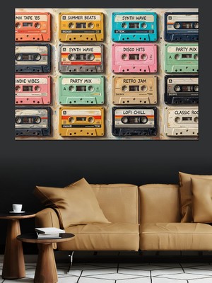 Tablomega On Farklı Renkte Nostaljik Kasetler Dekoratif Kanvas - Mdf Ahşap Tablo