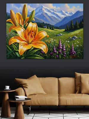 Artmeg Dağ Manzaralı Turuncu Zambak Çiçeği Dekoratif Kanvas - Mdf Ahşap Tablo