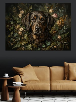 Tablomega Çiçekler Arasında Kara Köpek Portresi Dekoratif Kanvas - Mdf Ahşap Tablo