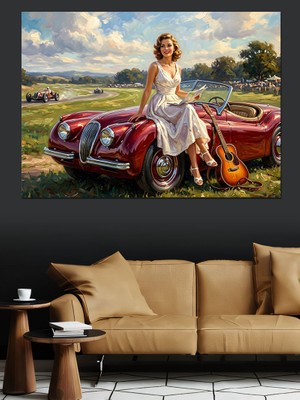 Artmeg Kırmızı Klasik Araba ve Kadın Dekoratif Kanvas - Mdf Ahşap Tablo