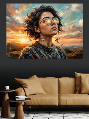Tablomega Gün Batımında Gözlüklü Genç Kadın Dekoratif Kanvas - Mdf Ahşap Tablo