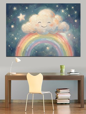 Tablomega Gökkuşağı Üzerinde Gülen Bulut Tablosu Dekoratif Kanvas - Mdf Ahşap Tablo