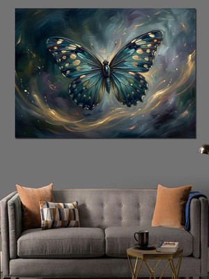 Artmeg Uzayda Parlayan Mavi Renkli Kelebek Dekoratif Kanvas - Mdf Ahşap Tablo
