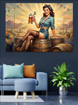 Artmeg Bira Fıçısında Oturan Pin-Up Dekoratif Kanvas - Mdf Ahşap Tablo