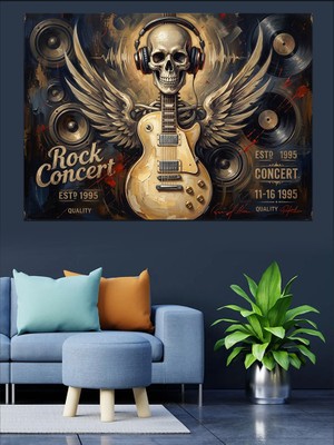 Tablomega Kanatlı ve Kulaklıklı Gitar Logosu Dekoratif Kanvas - Mdf Ahşap Tablo