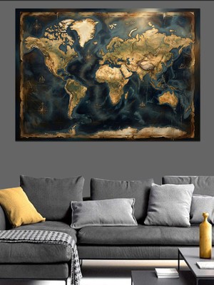 Artmeg Antik Dokulu Eskitilmiş Dünya Haritası Dekoratif Kanvas - Mdf Ahşap Tablo