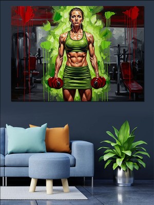 Artmeg Güçlü Kadın Vücut Geliştirme Figürü Dekoratif Kanvas - Mdf Ahşap Tablo