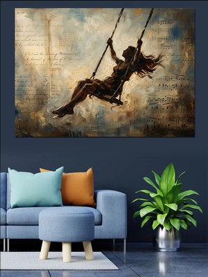 Artmeg Bulutlar Arasında Sallanan Genç Kadın Dekoratif Kanvas - Mdf Ahşap Tablo