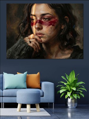 Tablomega Yüzü Boyalı ve Düşünceli Kadın Dekoratif Kanvas - Mdf Ahşap Tablo