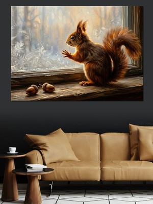 Tablomega Kış Günü Pencerede Yaramaz Sincap Dekoratif Kanvas - Mdf Ahşap Tablo