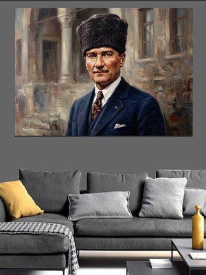 Artmeg Kalpaklı Mustafa Kemal Atatürk Portresi Dekoratif Kanvas - Mdf Ahşap Tablo