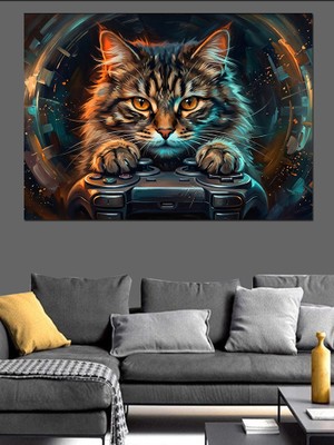 Artmeg Gamepad ve Kedi Dekoratif Kanvas - Mdf Ahşap Tablo